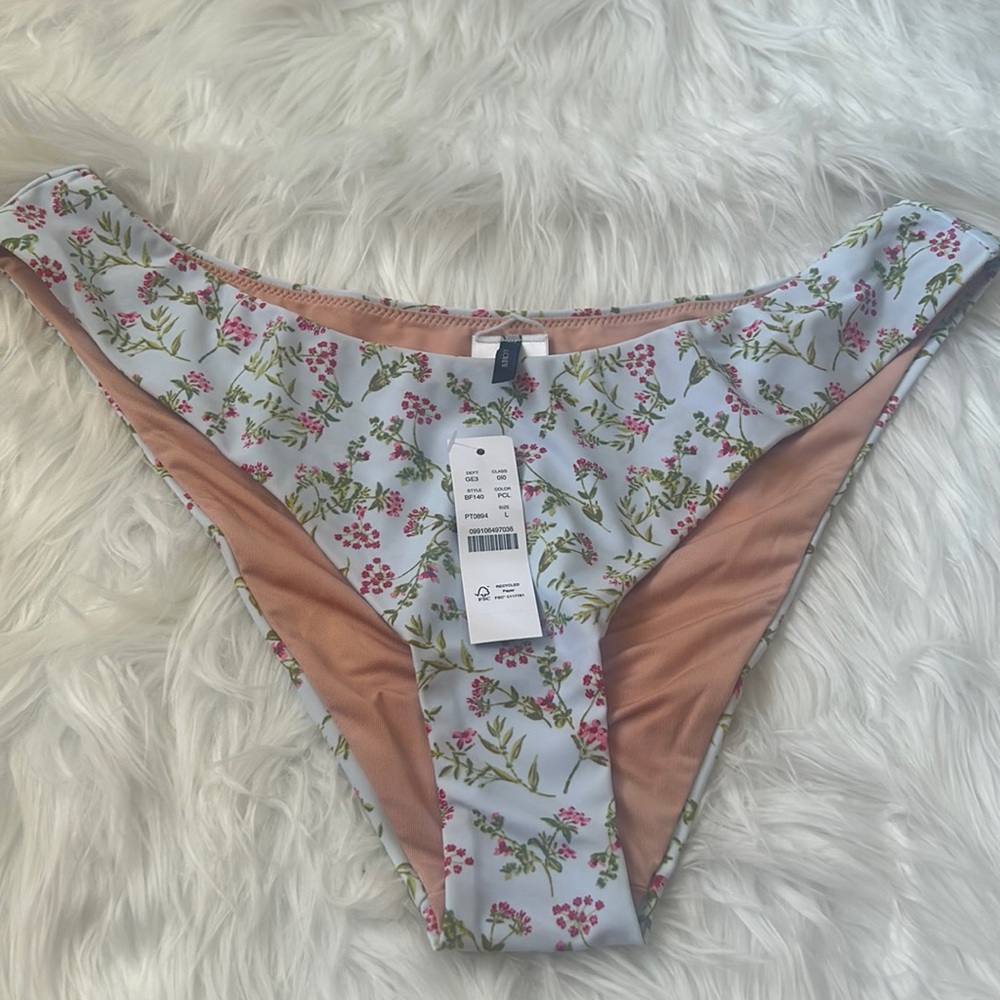 NWT J. Crew Light Blue Floral High Rise Bikini Swim Bottoms Only Cloud Meadow L